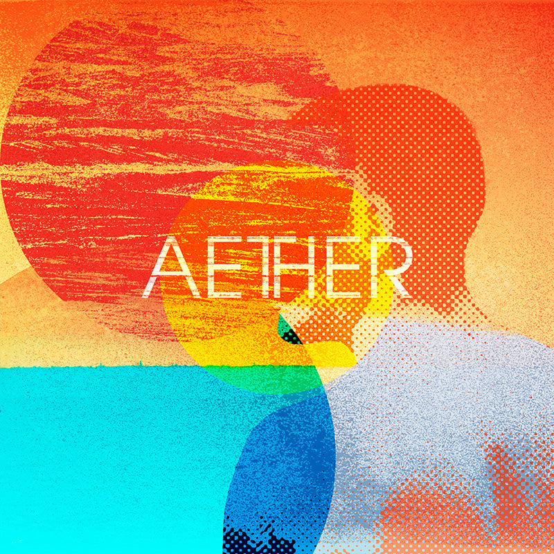 Colorful, abstract cover art for 'Aether,' featuring layered circles and a silhouetted figure against a vibrant backdrop,  promoting ethereal and atmospheric sample packs with a modern, artistic design.