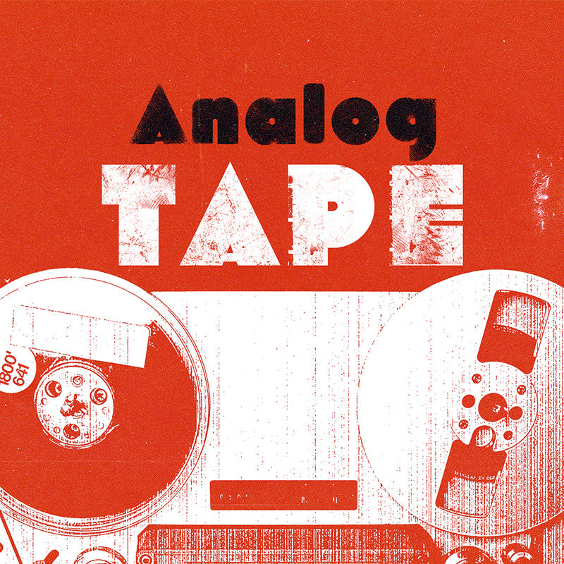 Red and white stylized cover art featuring the words 'Analog Tape' and vintage reel-to-reel tape recorder graphics. Ideal for gritty sample packs with analog textures.