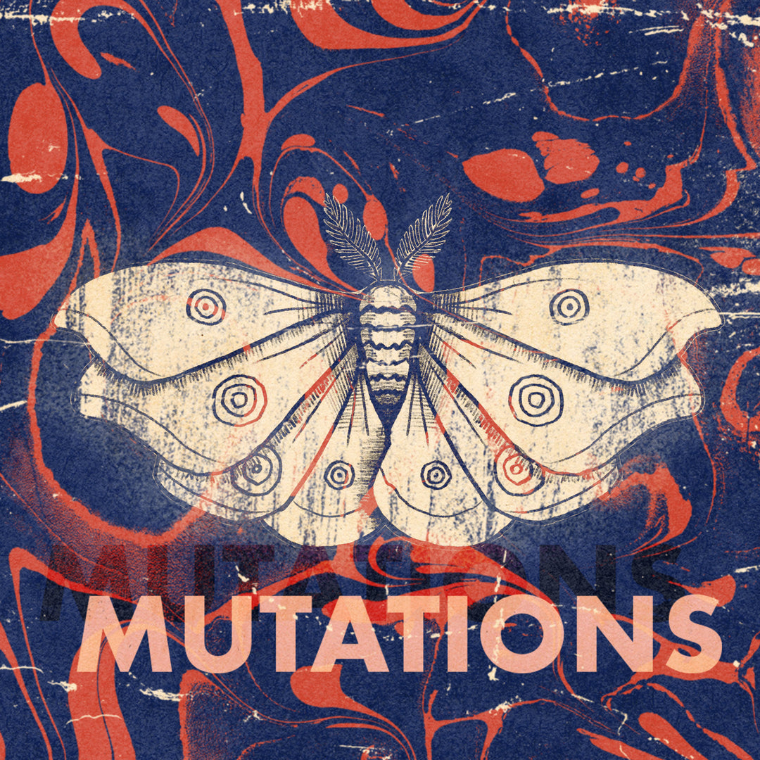 An illustrated square artwork featuring a large cream moth or butterfly centered over a dark blue background with swirling coral-red marbled patterns. The word "MUTATIONS" appears across the bottom in large pale pink letters.
