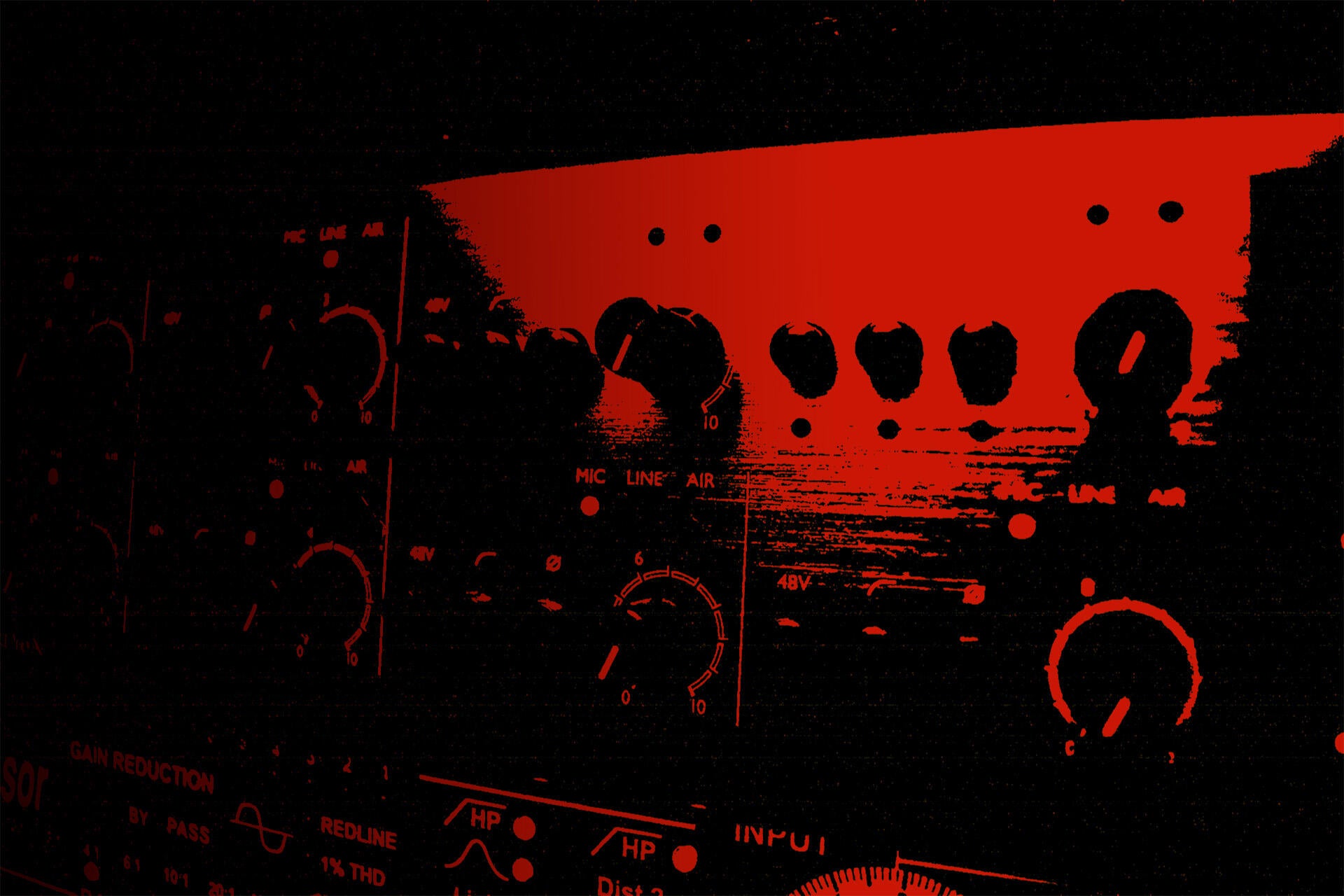 Stylized red and black close-up of an audio interface with dials and meters, capturing the essence of gritty, vintage audio gear.