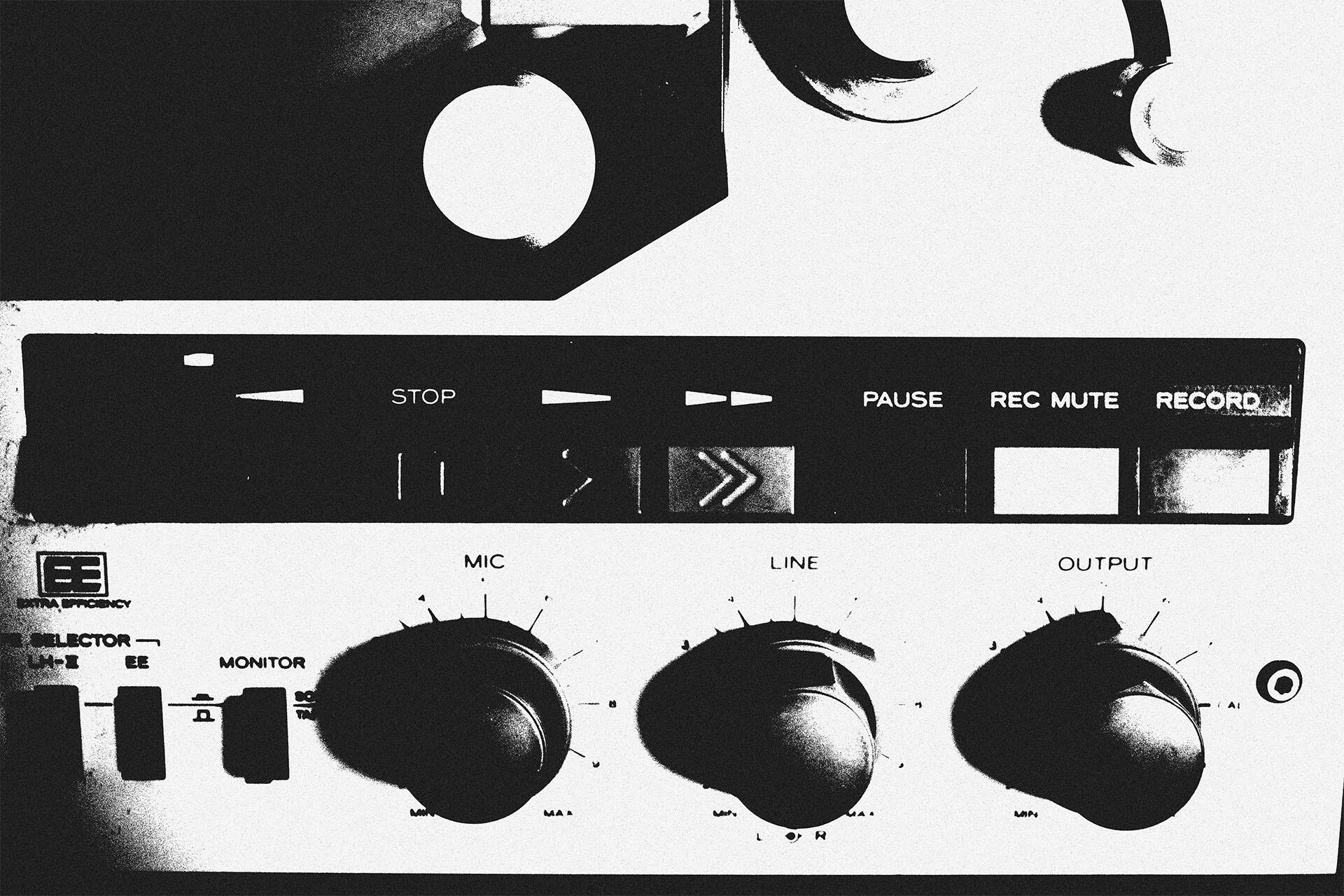 Lo-fi, gritty black and white image of a vintage tape recorder, emphasizing the 'Stop,' 'Pause,' 'Rec Mute,' and 'Record' buttons.