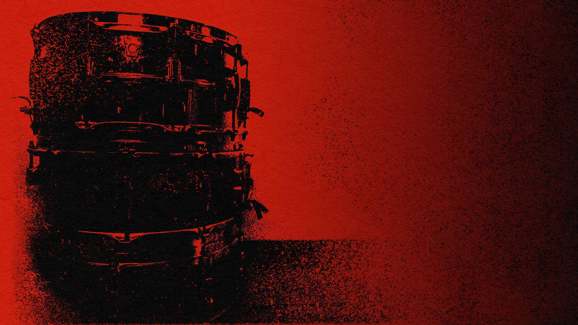 Red and black stylized image of a stack of snare drums with a distressed texture.